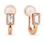 A pair of rose gold huggie hoop earrings with rectangular bezel-set clear crystals and silicon pad clip backings, shown on a clean white background.