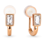 A pair of rose gold huggie hoop earrings with rectangular bezel-set clear crystals and silicon pad clip backings, shown on a clean white background.