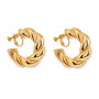 A pair of gold hoop earrings with a thick, twisted rope-like design and screw-back closures, shown on a plain white background.