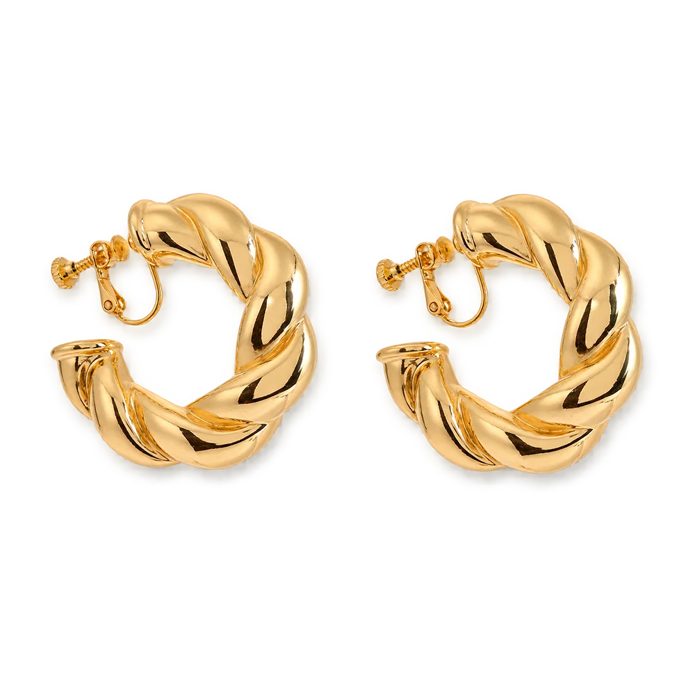 A pair of gold hoop earrings with a thick, twisted rope-like design and screw-back closures, shown on a plain white background.