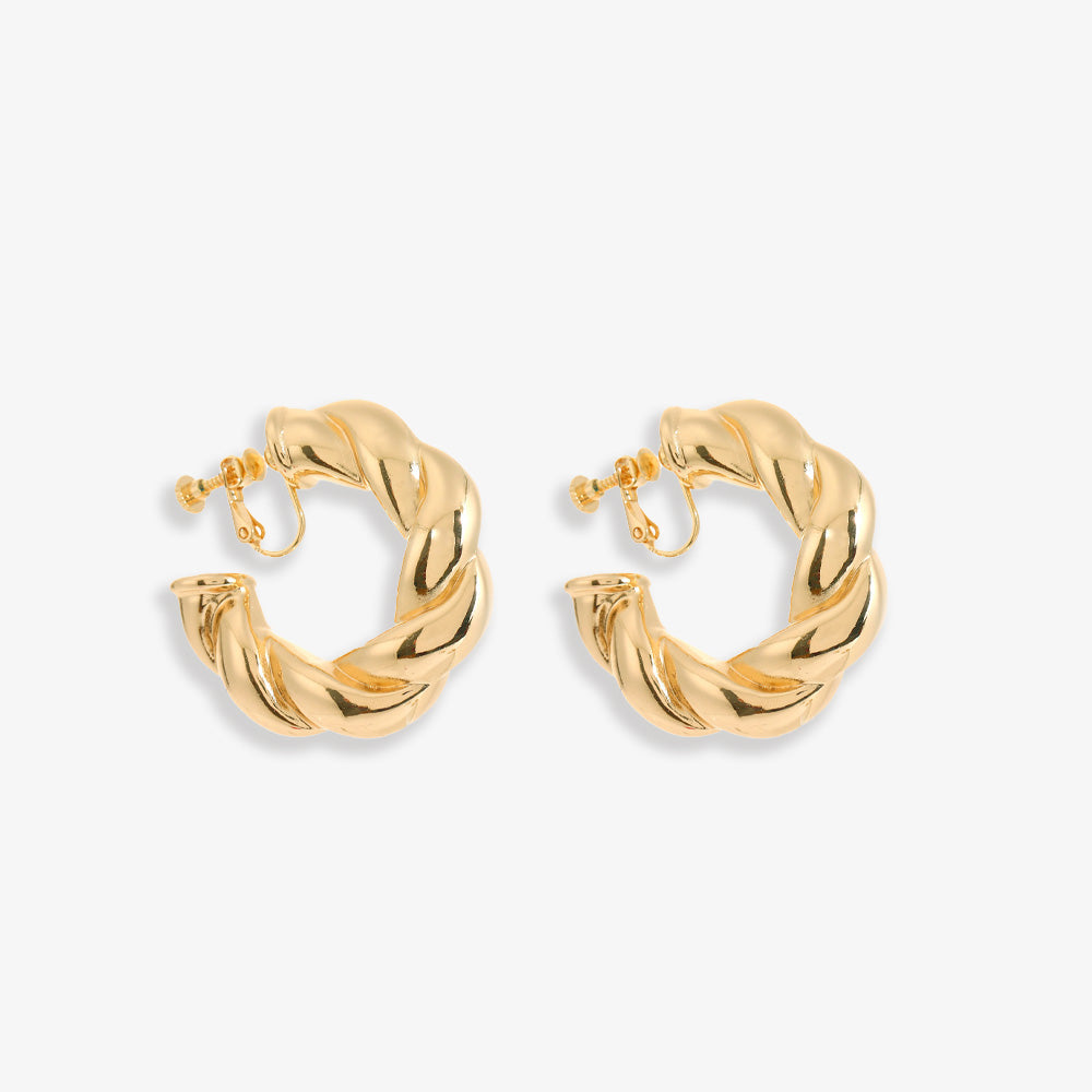 Gold alloy Bold Twist Hoop Clip On Earrings, embodying a perfect blend of classic sophistication and modern style. The rich gold tone and intricate twist design are complemented by a secure screw-back closure, ideal for an opulent touch to any outfit.