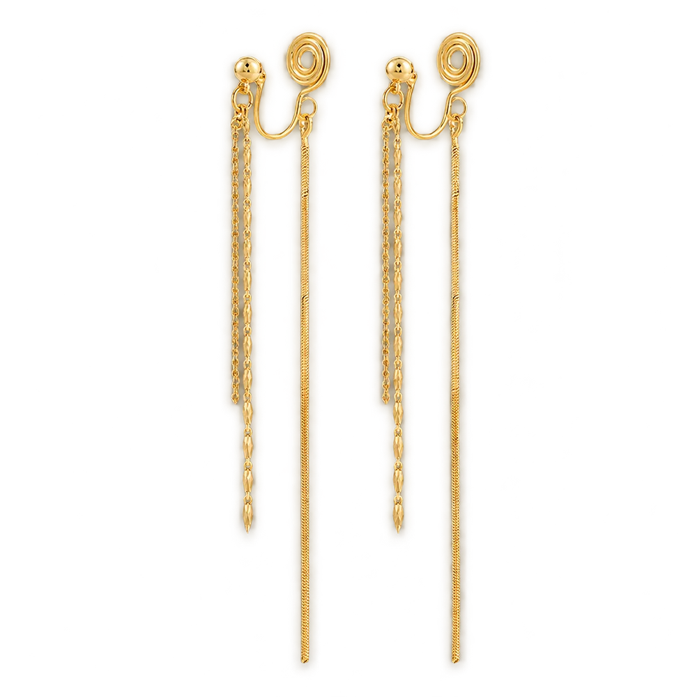 A pair of gold dangle earrings with spiral post backings, featuring one long textured chain and one shorter chain with a longer dangling chain, shown on a plain white background.