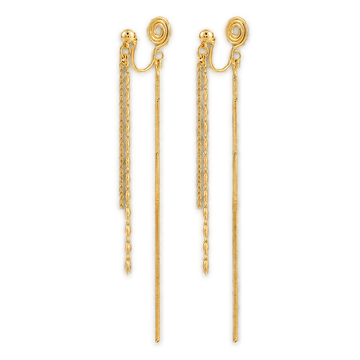 A pair of gold dangle earrings with spiral post backings, featuring one long textured chain and one shorter chain with a longer dangling chain, shown on a plain white background.
