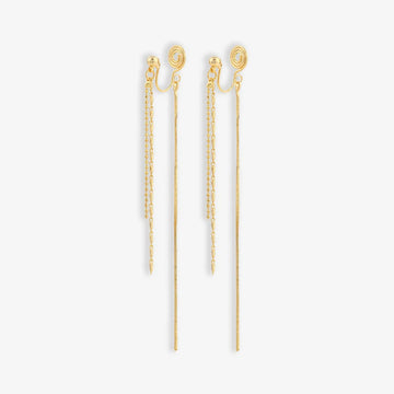 Gold chain chandelier clip on earrings front view on white background