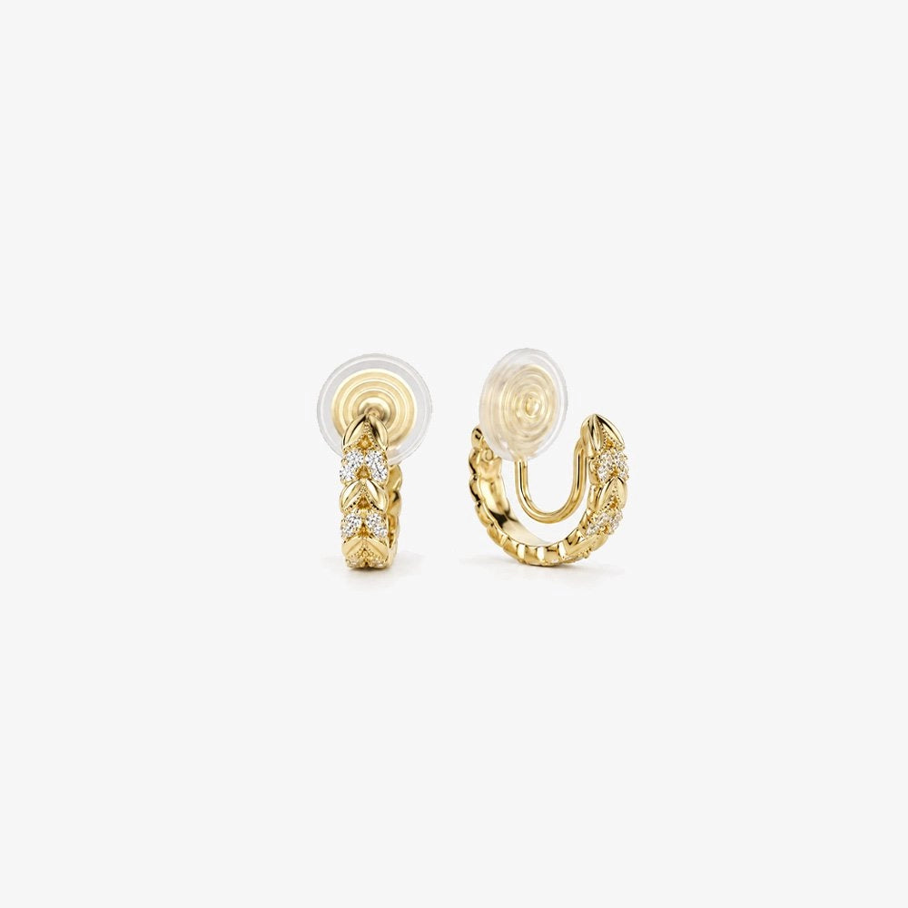 Gold Chain Zirconia Clip-On Hoop Earrings — pair front and side view, pavé chain-link design