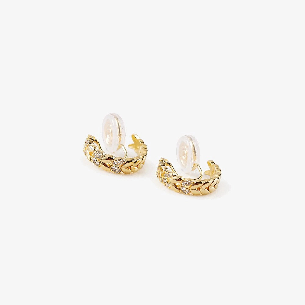 Gold Chain Zirconia Clip-On Hoop Earrings, front view showing cubic zirconia stones