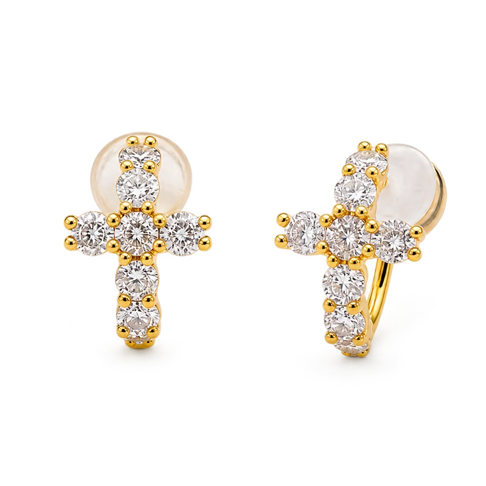 A pair of gold cross-shaped hoop clip on earrings with clear round-cut stones, shown on a clean white background.