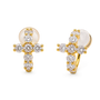A pair of gold cross-shaped hoop clip on earrings with clear round-cut stones, shown on a clean white background.