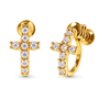 A pair of gold cross-shaped hoop clip on earrings with clear round-cut stones, shown on a clean white background.