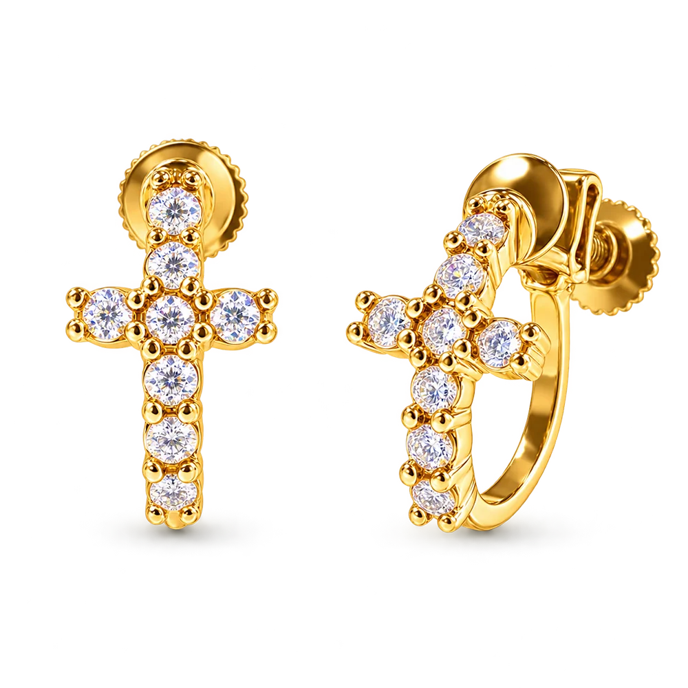 A pair of gold cross-shaped hoop clip on earrings with clear round-cut stones, shown on a clean white background.