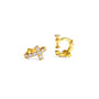 A pair of gold huggie hoop earrings adorned with clear marquise-cut and round gemstones, displayed on a clean white background.