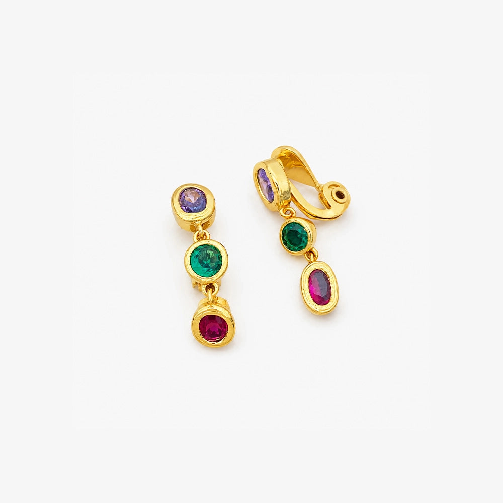 Gold gemstone drop clip on earrings showing the adjustable clip on closure