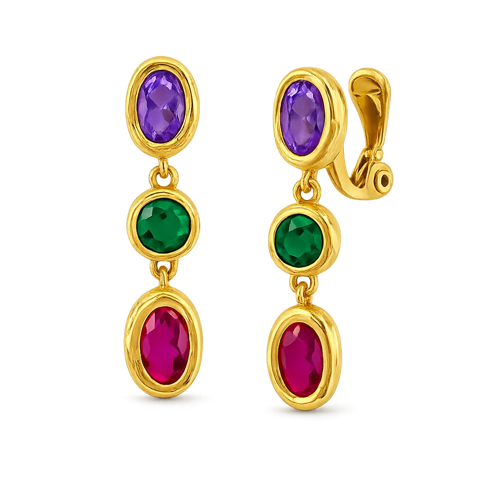 A pair of gold drop earrings with oval-cut purple, green, and pink gemstones, shown on a clean white background.