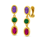A pair of gold drop earrings with oval-cut purple, green, and pink gemstones, shown on a clean white background.