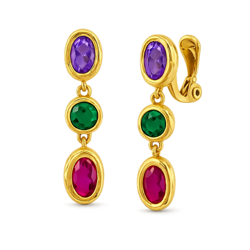 A pair of gold drop earrings with oval-cut purple, green, and pink gemstones, shown on a clean white background.