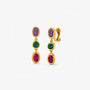 Pair of gold gemstone drop clip on earrings with purple, green, and magenta stones