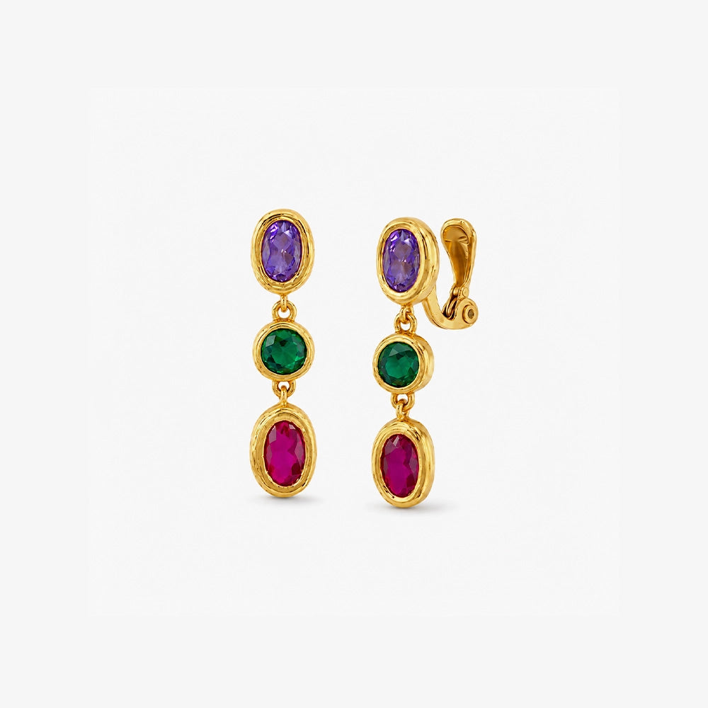Pair of gold gemstone drop clip on earrings with purple, green, and magenta stones
