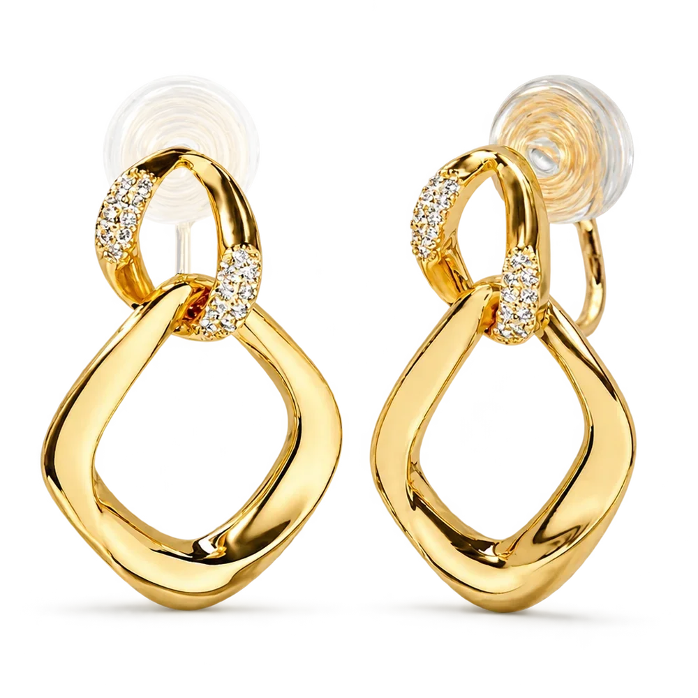 A pair of gold hoop earrings with open teardrop-shaped hoops and small diamond-set crescent links, shown on a clean white background.