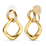 A pair of gold hoop earrings with open teardrop-shaped hoops and small diamond-set crescent links, shown on a clean white background.