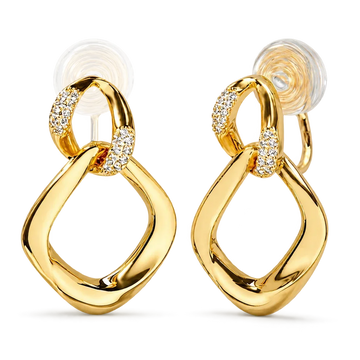 A pair of gold hoop earrings with open teardrop-shaped hoops and small diamond-set crescent links, shown on a clean white background.