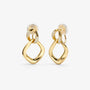 Pair of gold geometric pave drop earrings on a white background