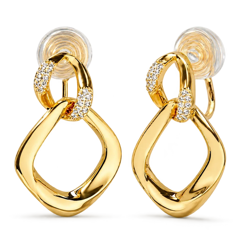 A pair of gold hoop earrings with open teardrop-shaped hoops and small diamond-set crescent links, shown on a clean white background.