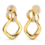 A pair of gold hoop earrings with open teardrop-shaped hoops and small diamond-set crescent links, shown on a clean white background.