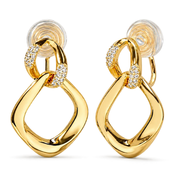 A pair of gold hoop earrings with open teardrop-shaped hoops and small diamond-set crescent links, shown on a clean white background.