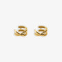 Gold helix cross ear cuffs front view on white background, pair of matching gold-toned cuff earrings