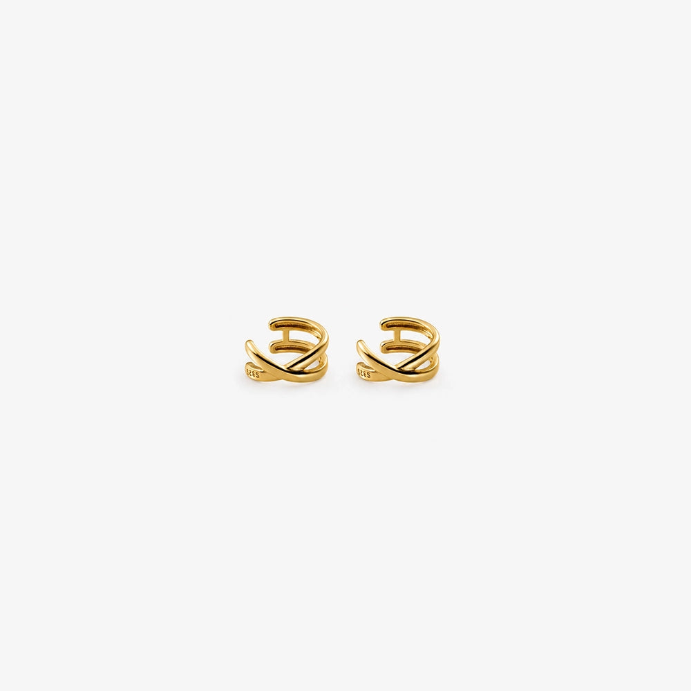Gold helix cross ear cuffs front view on white background, pair of matching gold-toned cuff earrings