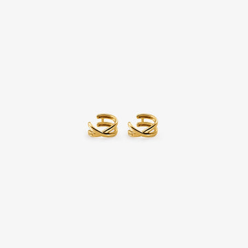 Gold helix cross ear cuffs front view on white background, pair of matching gold-toned cuff earrings