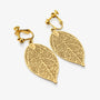 A pair of gold leaf-shaped dangle earrings with a detailed openwork leaf pattern and secure screw-back clasp closures, shown on a light gray background.