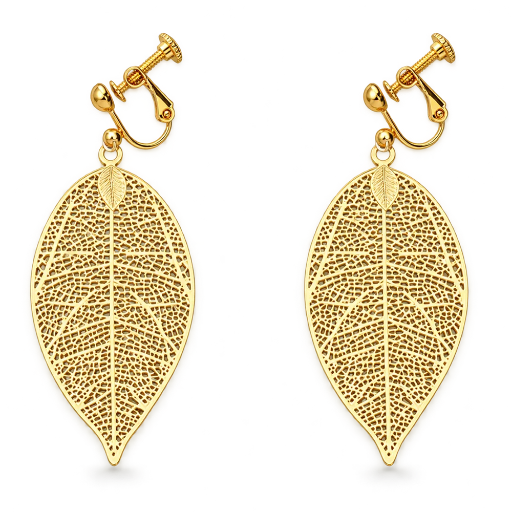 A pair of gold leaf drop earrings with intricate vein detailing and screw-back clasp backs, shown on a clean white background.