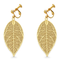 A pair of gold leaf drop earrings with intricate vein detailing and screw-back clasp backs, shown on a clean white background.