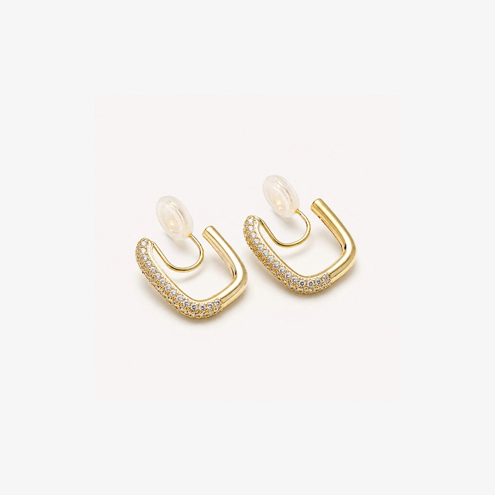 Pavé Square Gold Clip-On Hoop Earrings