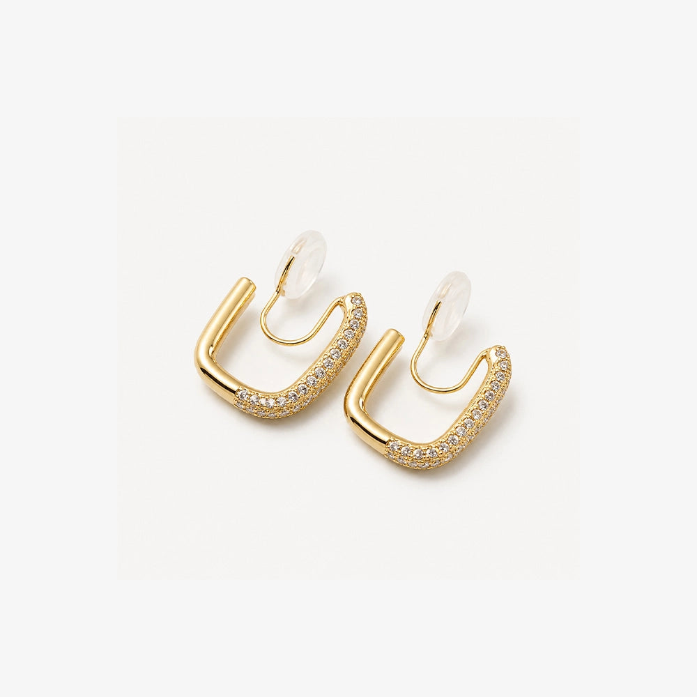Pavé Square Gold Clip-On Hoop Earrings