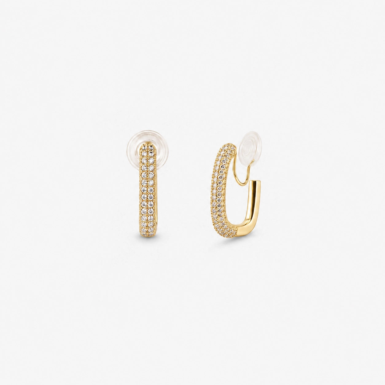 A pair of gold pavé square clip-on hoop earrings with white comfort pads, shown on a white background.