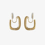 A pair of gold pavé square clip-on hoop earrings with white comfort pads, shown on a white background.