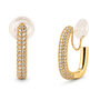A pair of gold huggie hoop earrings adorned with pavé-set clear cubic zirconia stones, featuring a clear textured silicone ear plug, shown on a solid white background.