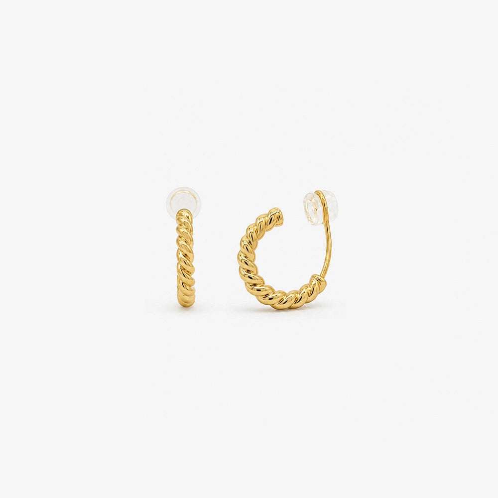 Pair of gold twisted rope clip on hoop earrings in an open C shape