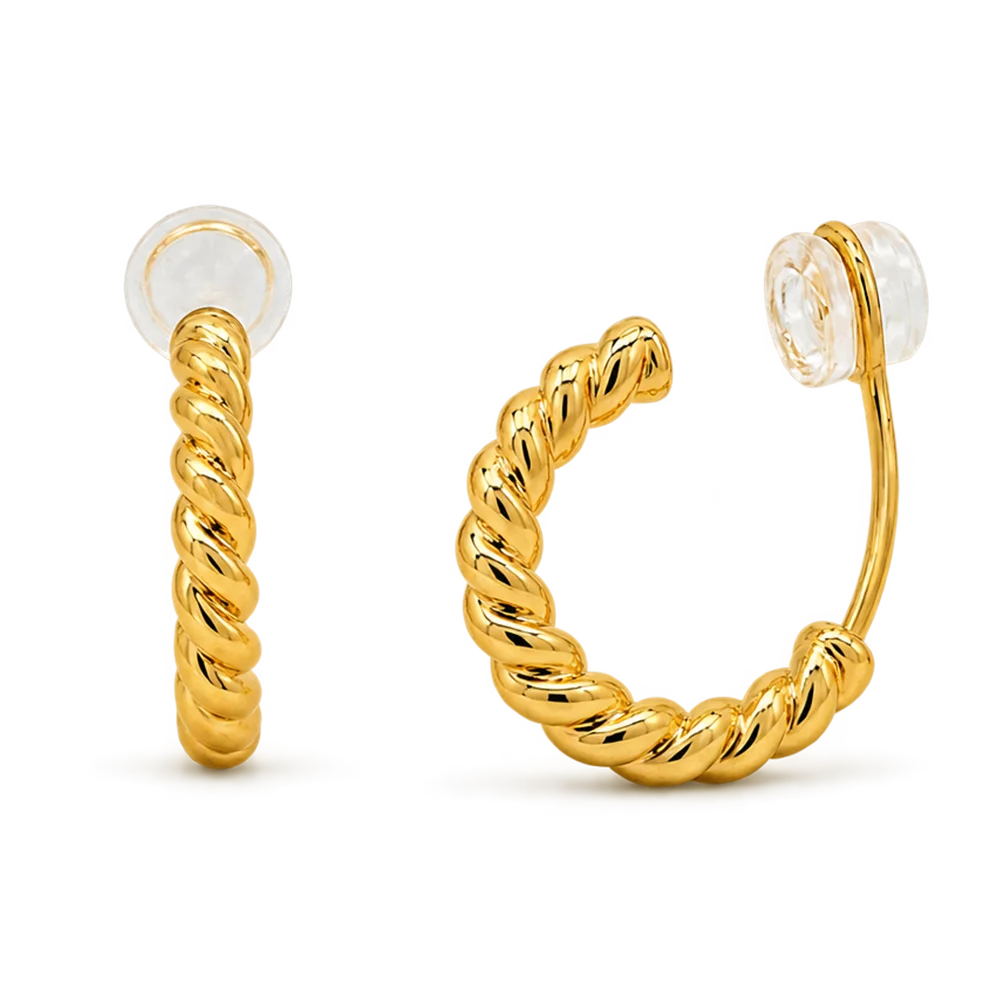 A pair of gold twisted hoop earrings, shown on a clean white background.