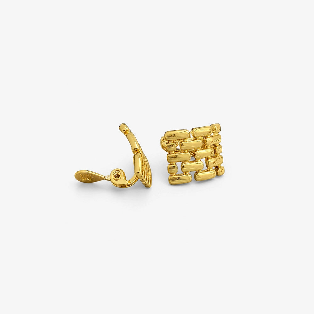 Gold woven square clip on earrings showing the adjustable clip on closure