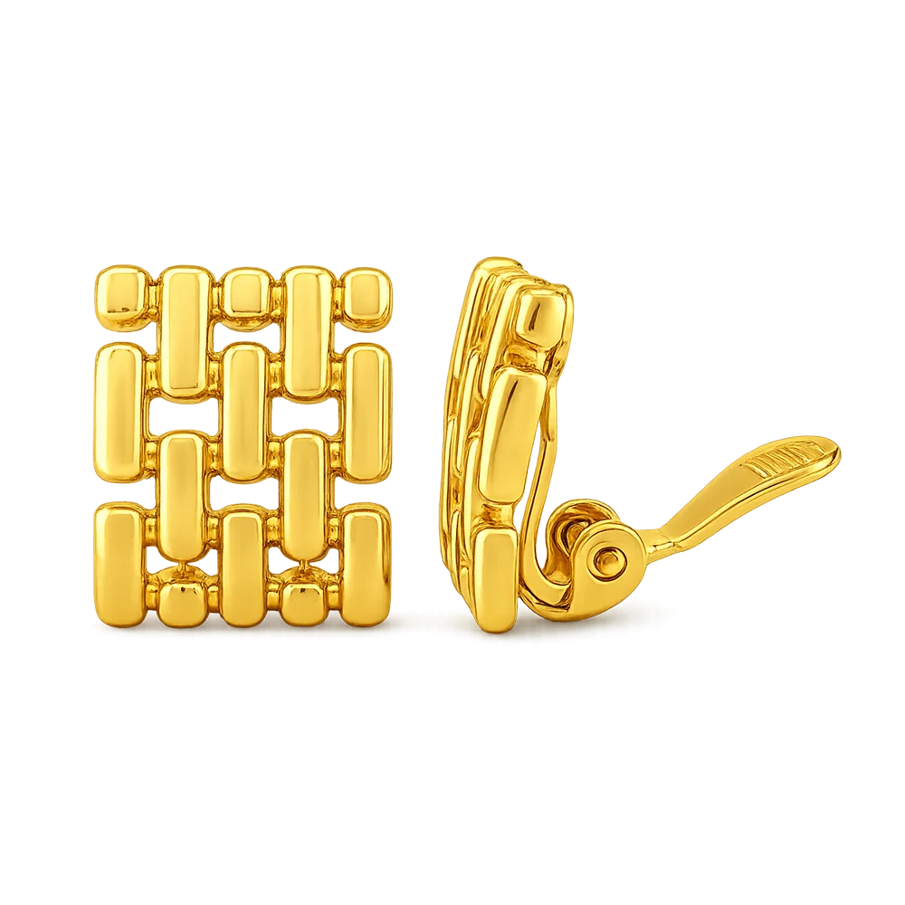 A pair of gold-toned rectangular cufflinks with a polished rectangular link design, shown on a plain white background with one front-facing cufflink and one side profile cufflink.