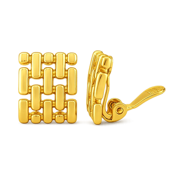 A pair of gold-toned rectangular cufflinks with a polished rectangular link design, shown on a plain white background with one front-facing cufflink and one side profile cufflink.
