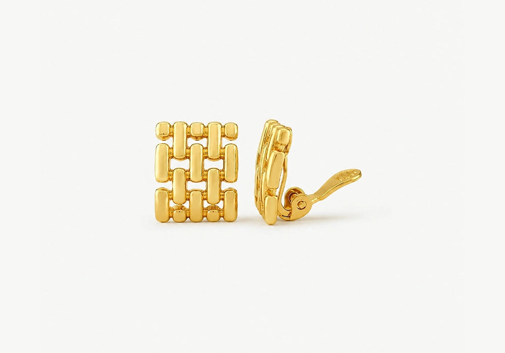 Pair of gold woven square clip on earrings with a basketweave texture