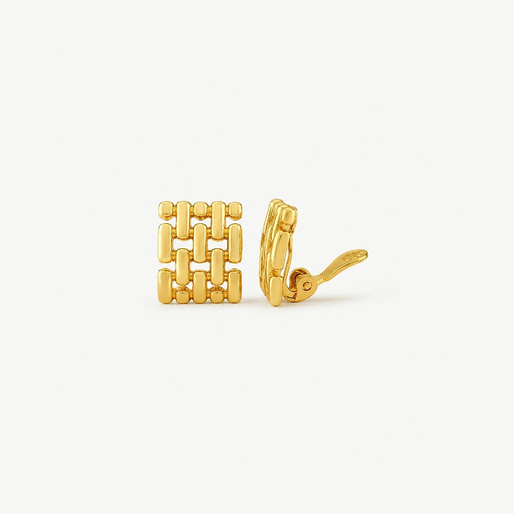 Pair of gold woven square clip on earrings with a basketweave texture