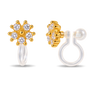 A pair of gold flower-shaped clip on earrings with clear gemstones, shown from the front and side on a clean white background.