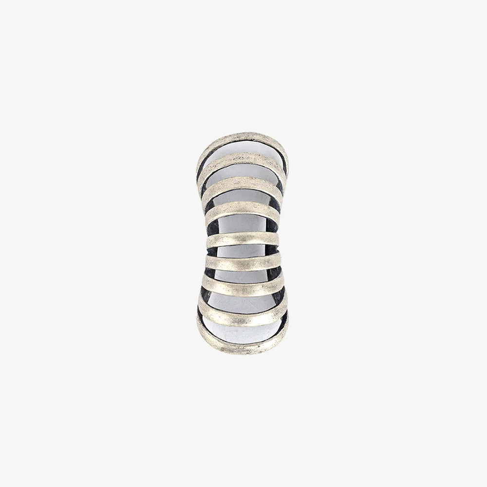 Silver Gothic Helix Ear Cuff top view showing stacked metallic bands on white background