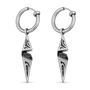 Pair of men's gothic spike dangle clip-on earrings in etched stainless steel with black cubic zirconia on spring hoops