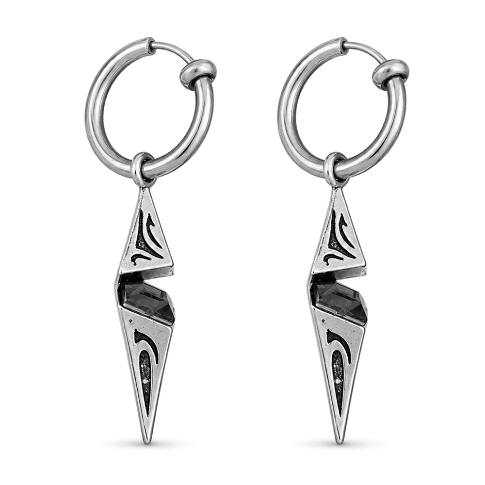 Pair of men's gothic spike dangle clip-on earrings in etched stainless steel with black cubic zirconia on spring hoops